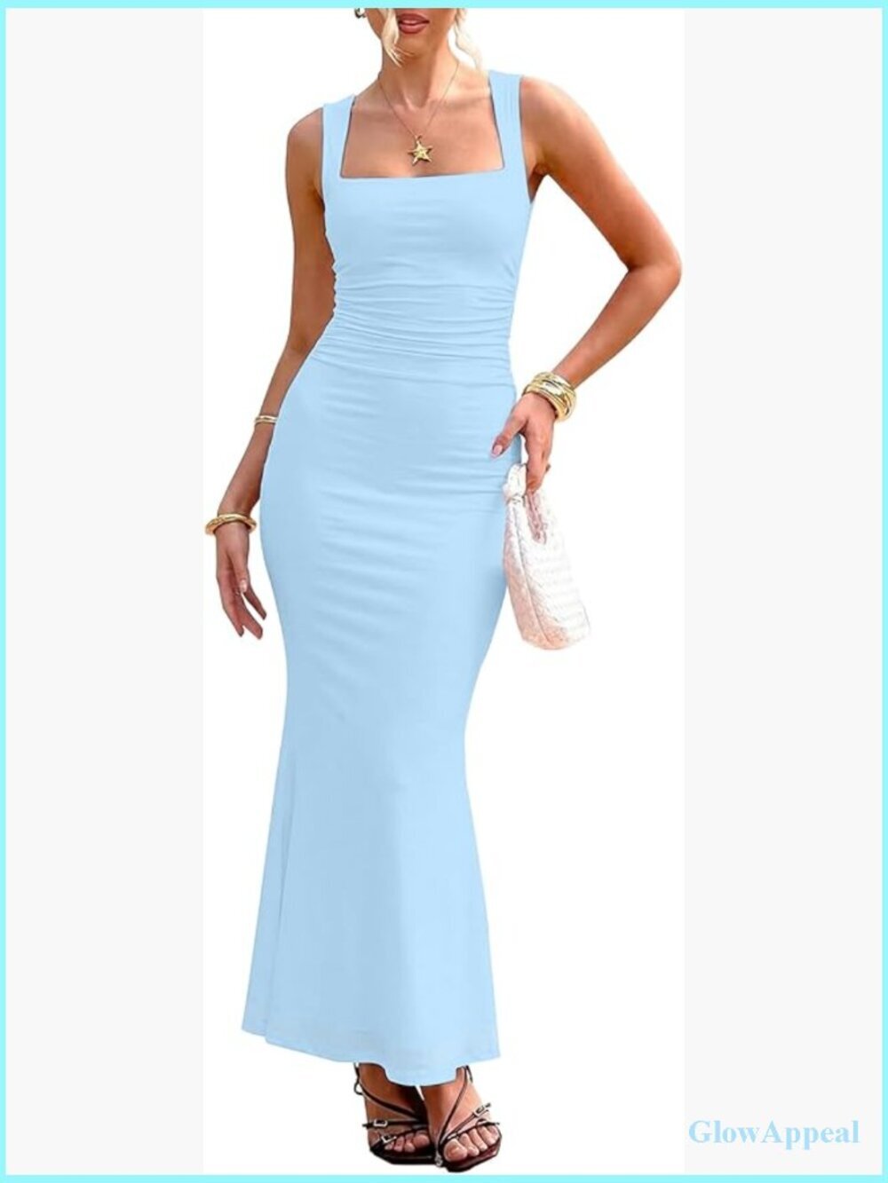 Ruched Bodycon Maxi Dress Sleeveless Square Neck Formal Wedding Guest Long Dress